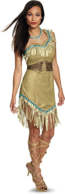 Adult boho Halloween costume dress with turquoise trim and fringe, lace-up leg wraps