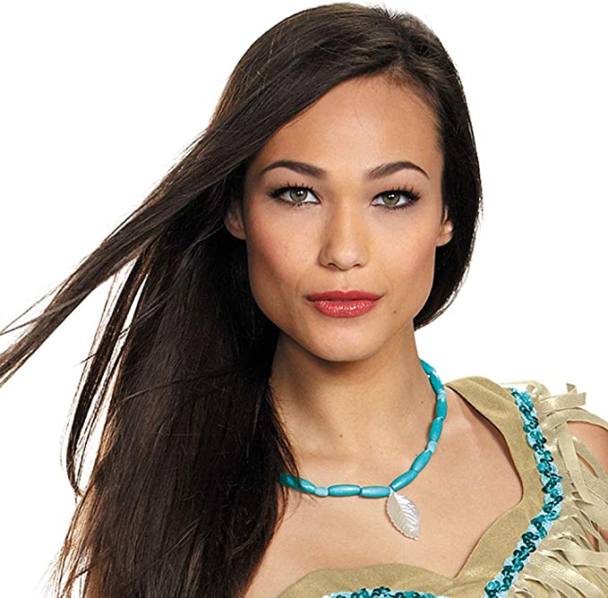 Costume bodice with turquoise beaded trim and shoulder fringe, worn with necklace