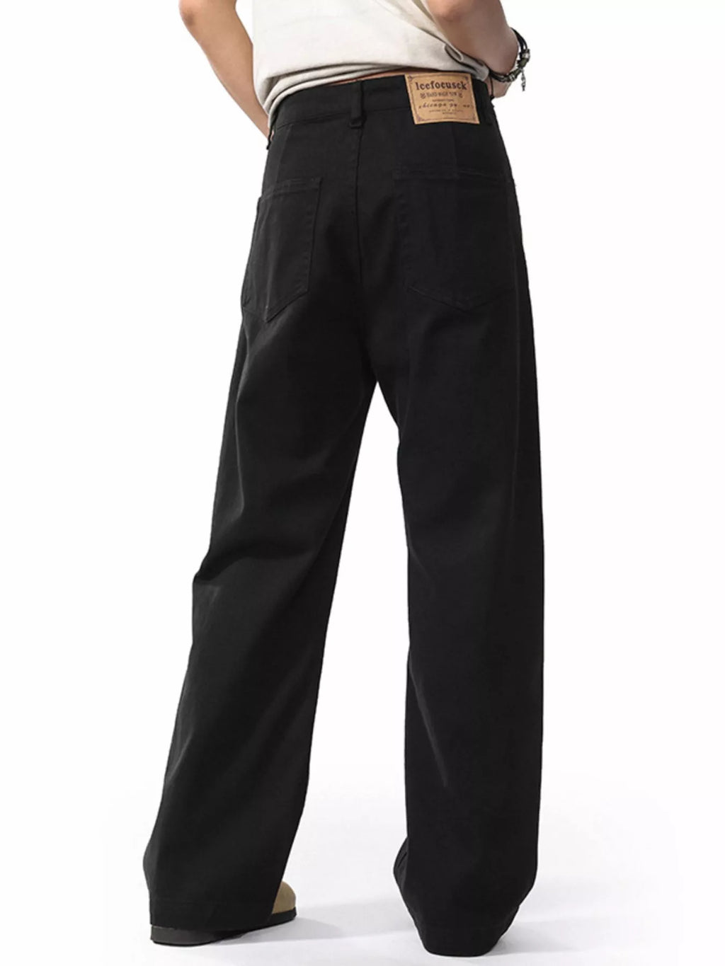 Black wide-leg casual pants with relaxed fit, belt loops, and back patch pockets
