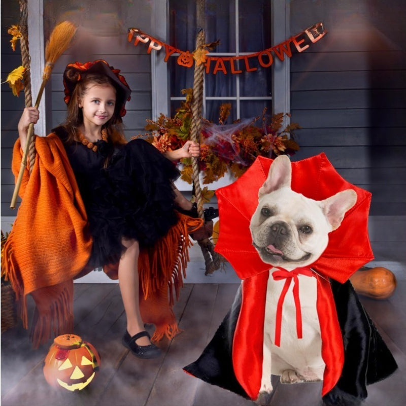 Halloween vampire pet cloak costume, red and black cape with bat-wing collar