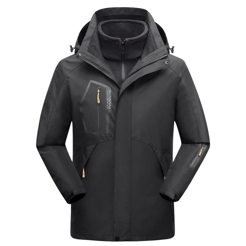 Dark gray three-in-one winter coat with hood, zip front, and gold zipper