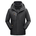 Dark gray three-in-one winter coat with hood, zip front, and gold zipper