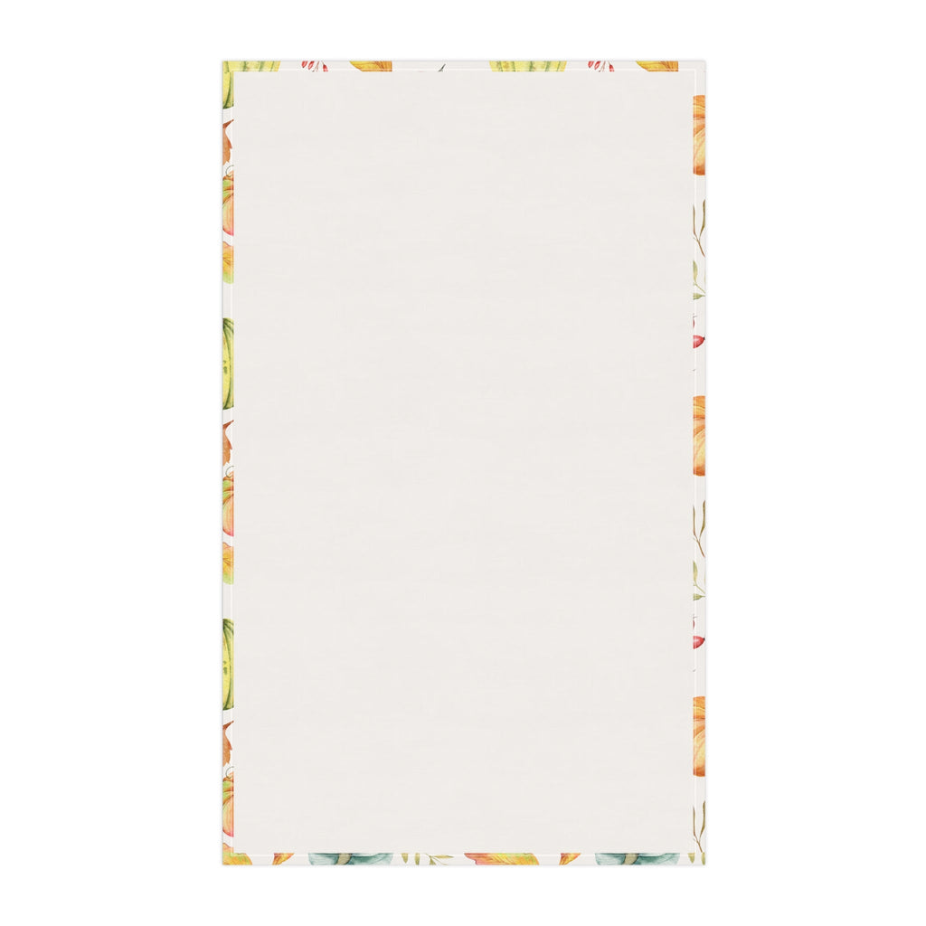 Blank cream tea towel with printed border on edges, towel back view.