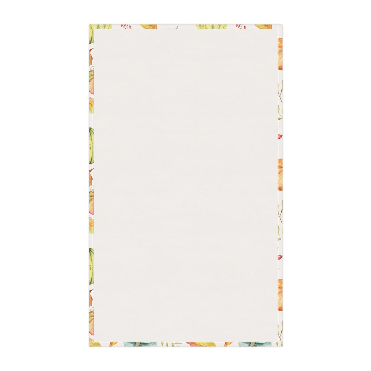 Blank cream tea towel with printed border on edges, towel back view.