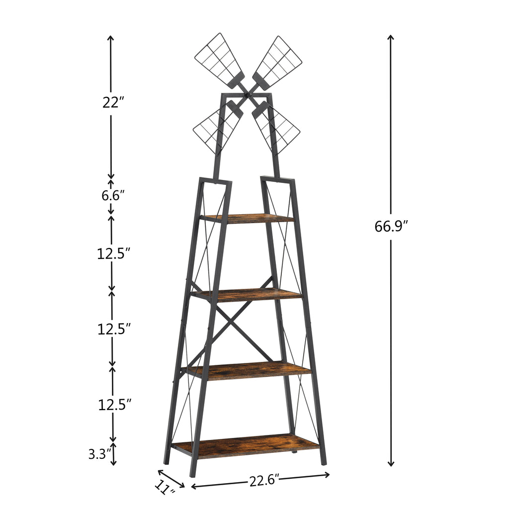 4-tier narrow book shelf dimensions diagram, black metal frame with brown wood tiers