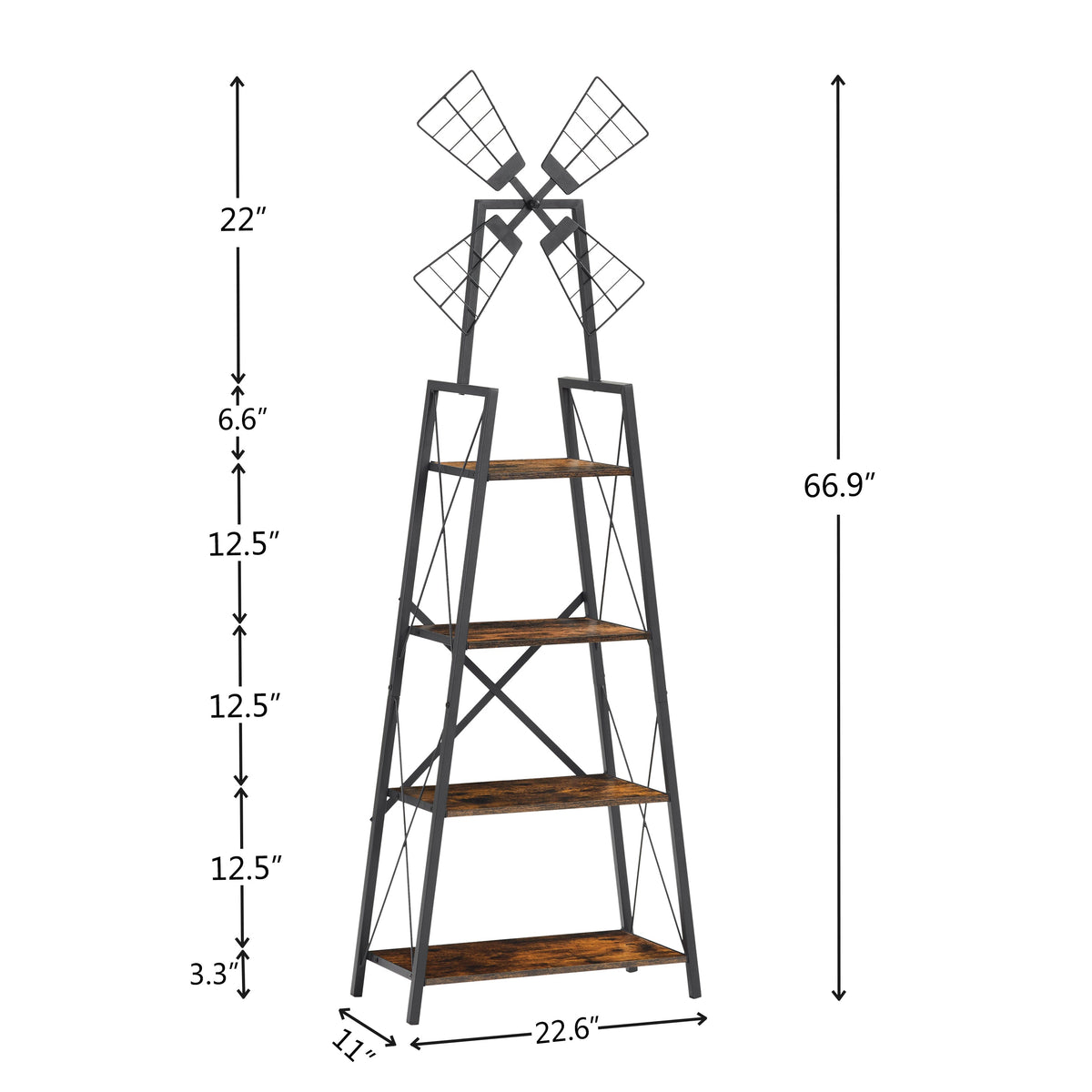 4-tier narrow book shelf dimensions diagram, black metal frame with brown wood tiers