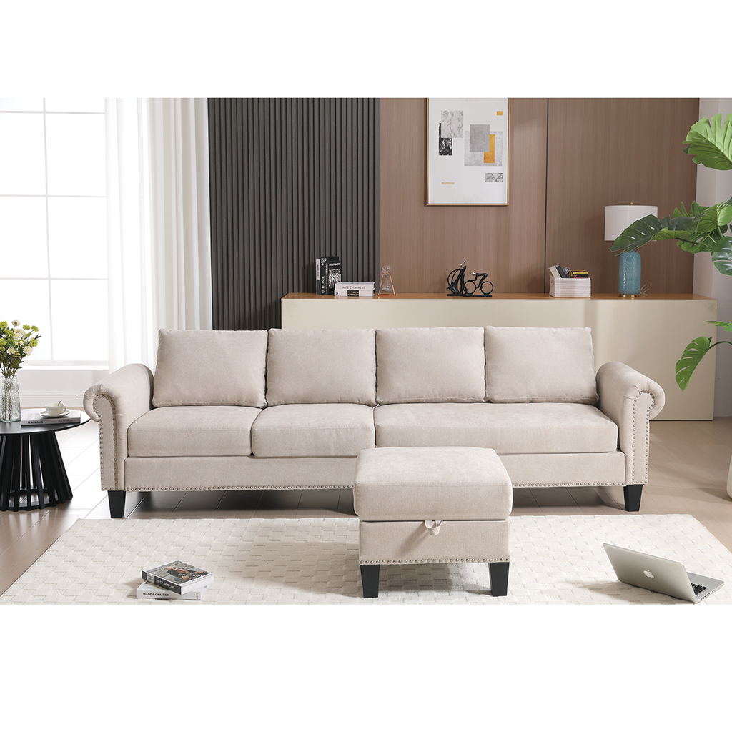 Beige linen sectional sofa with chaise lounge and tufted back cushions