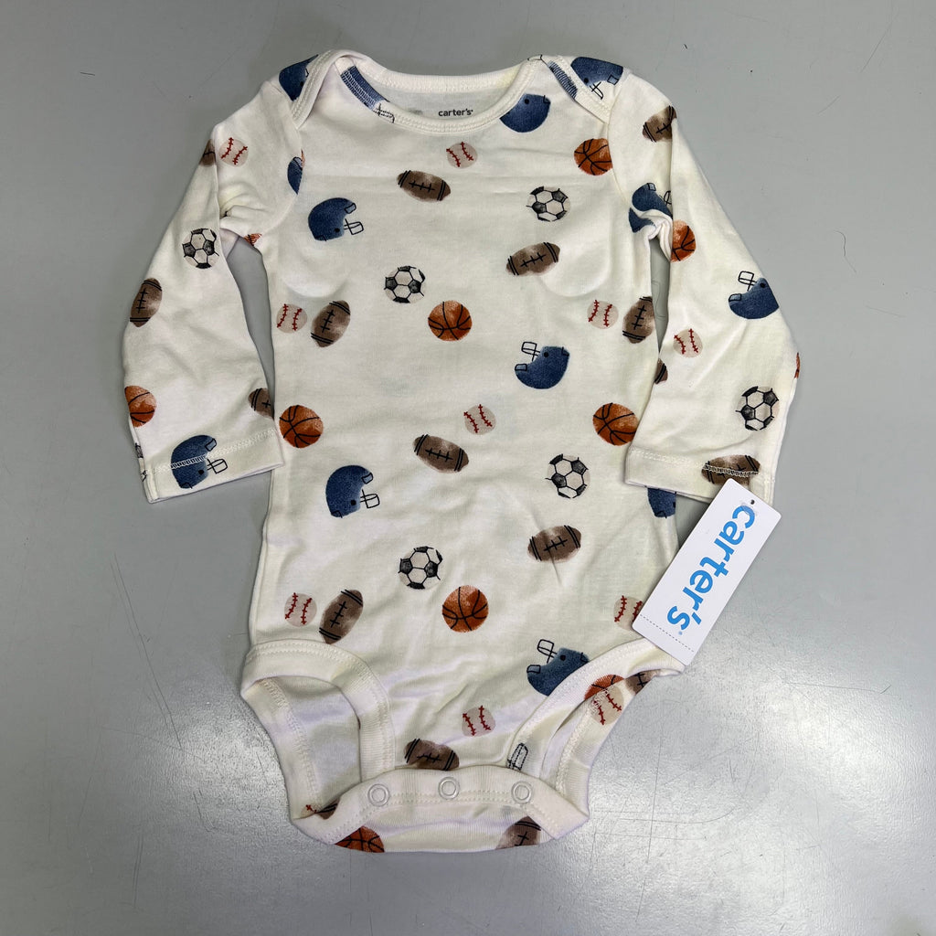 Baby boy white patterned long-sleeve bodysuit with sports icons.