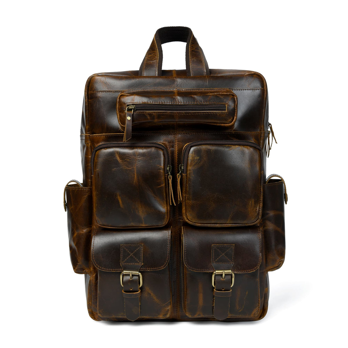 Brown leather backpack with multiple front pockets, drawstring pulls, and side loops