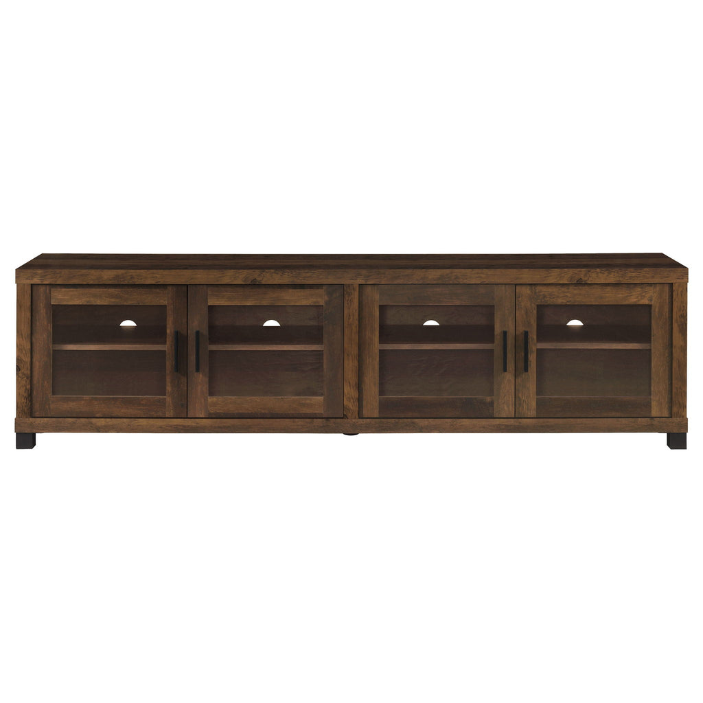 Dark pine TV stand with four glass-front doors, open cabinet shelves, round metal knobs, black feet