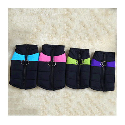 Set of black pet puffer ski suit vests with mixed bright color stripes