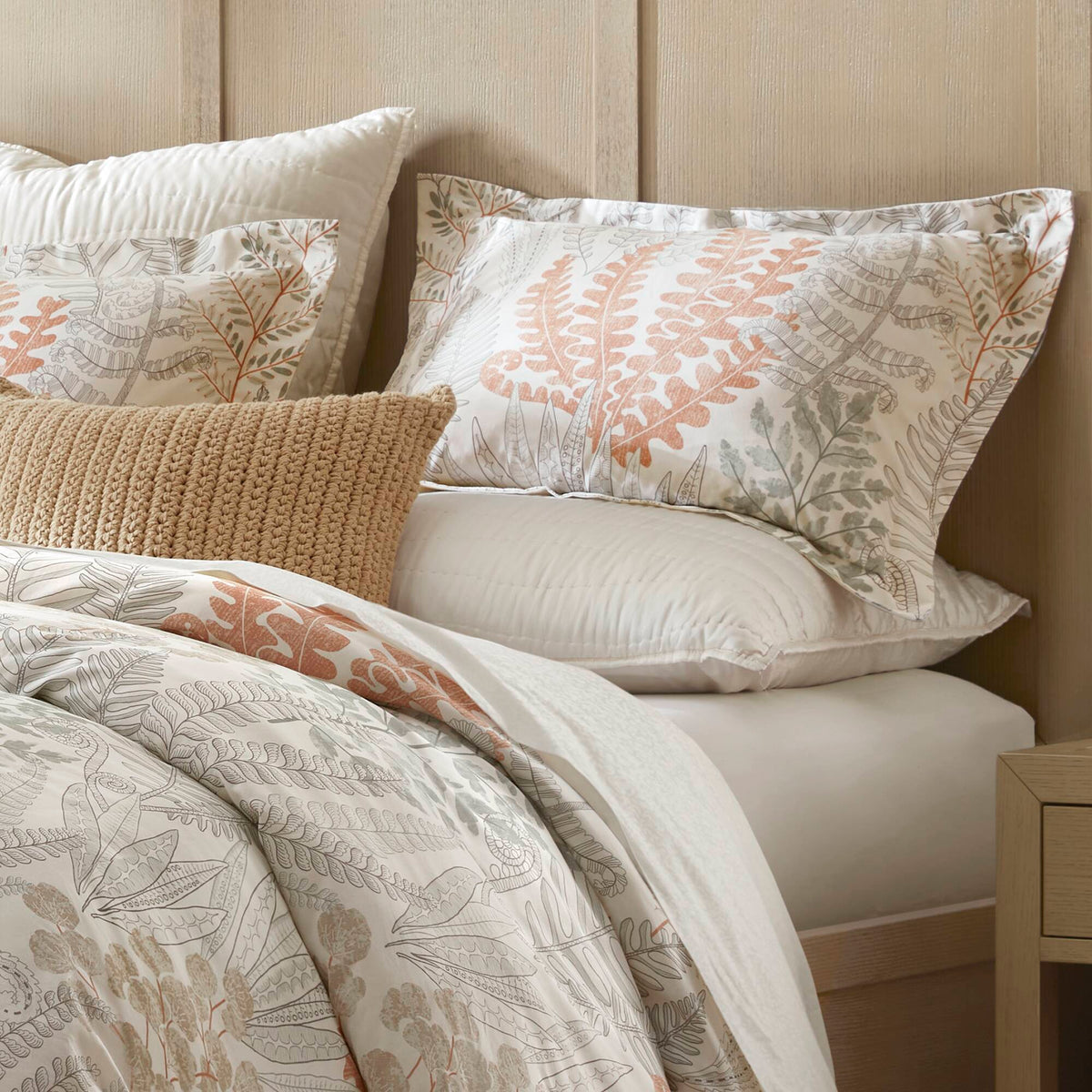 Cotton duvet cover and shams set with botanical leaf print, white with terracotta and gray