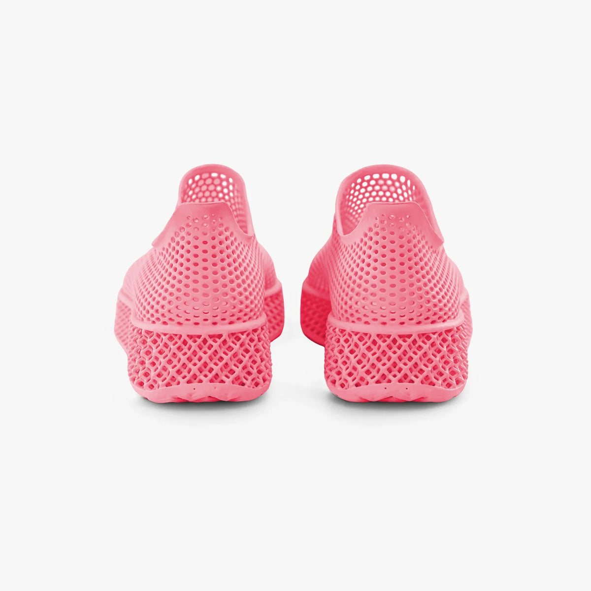 Pink 3D-printed slip-on sneakers, rear view showing textured sole