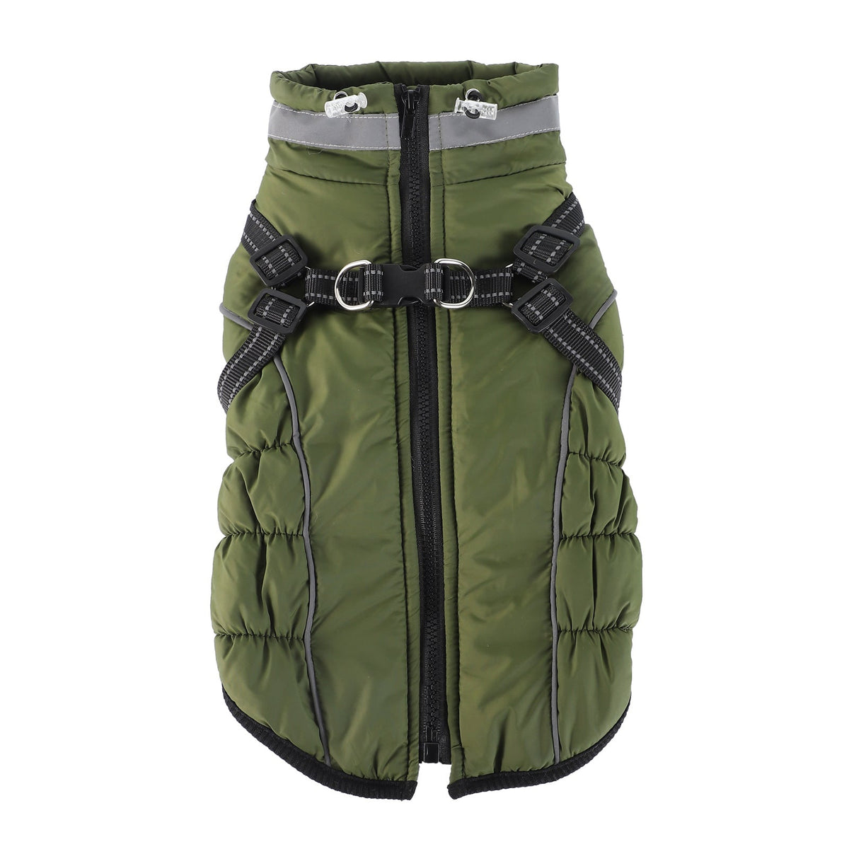 Front view fleece-lined waterproof dog coat, olive green with reflective harness straps