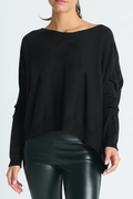 Black boatneck pima cotton sweater with stitched detail, long sleeves