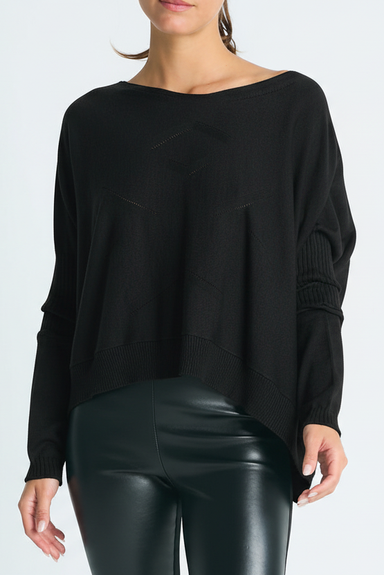 Black boatneck pima cotton sweater with stitched detail, long sleeves