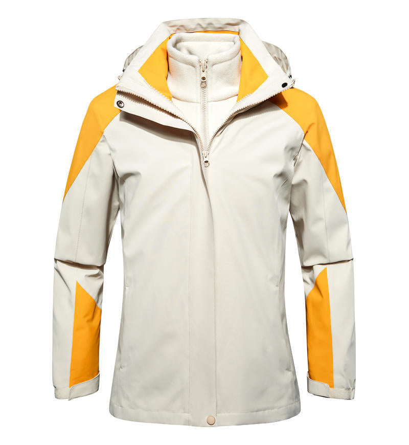 Light gray shell jacket with white hood and yellow side panels, full front zipper