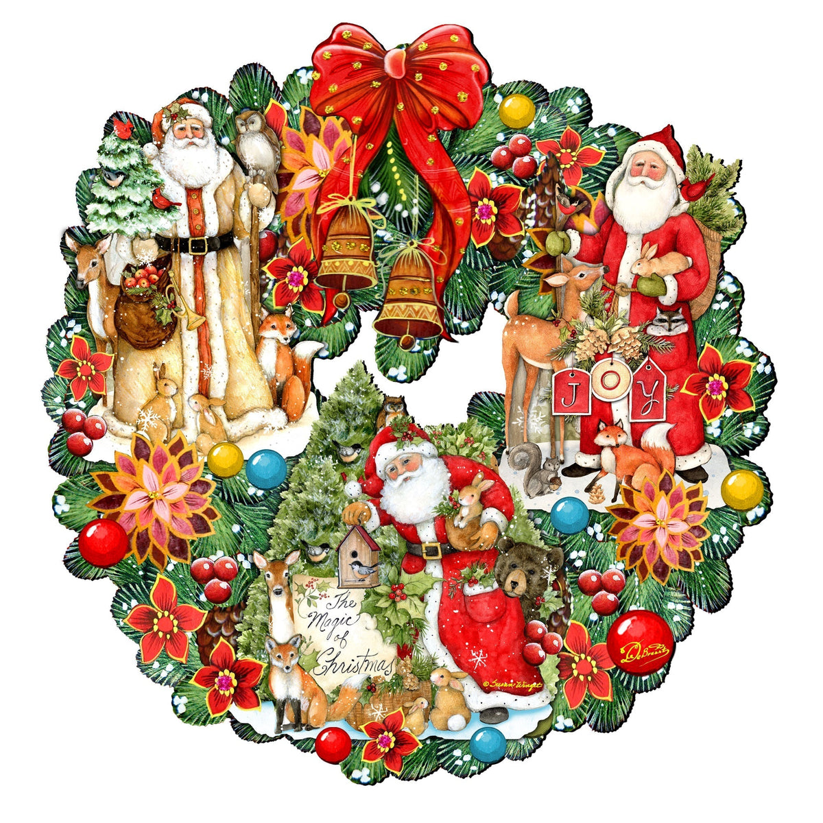 Santa and snowman Christmas wreath with red bow, bells, flowers, and colorful ornaments