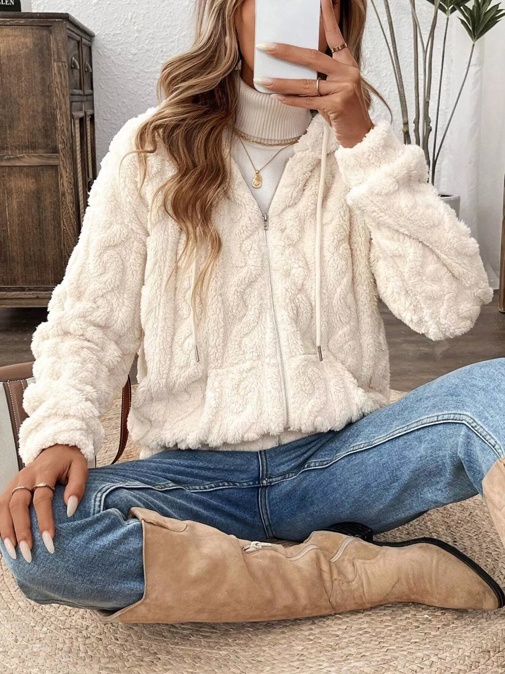 Ivory fleece zip-up hoodie with hood and drawstring, textured Sherpa-look jacket