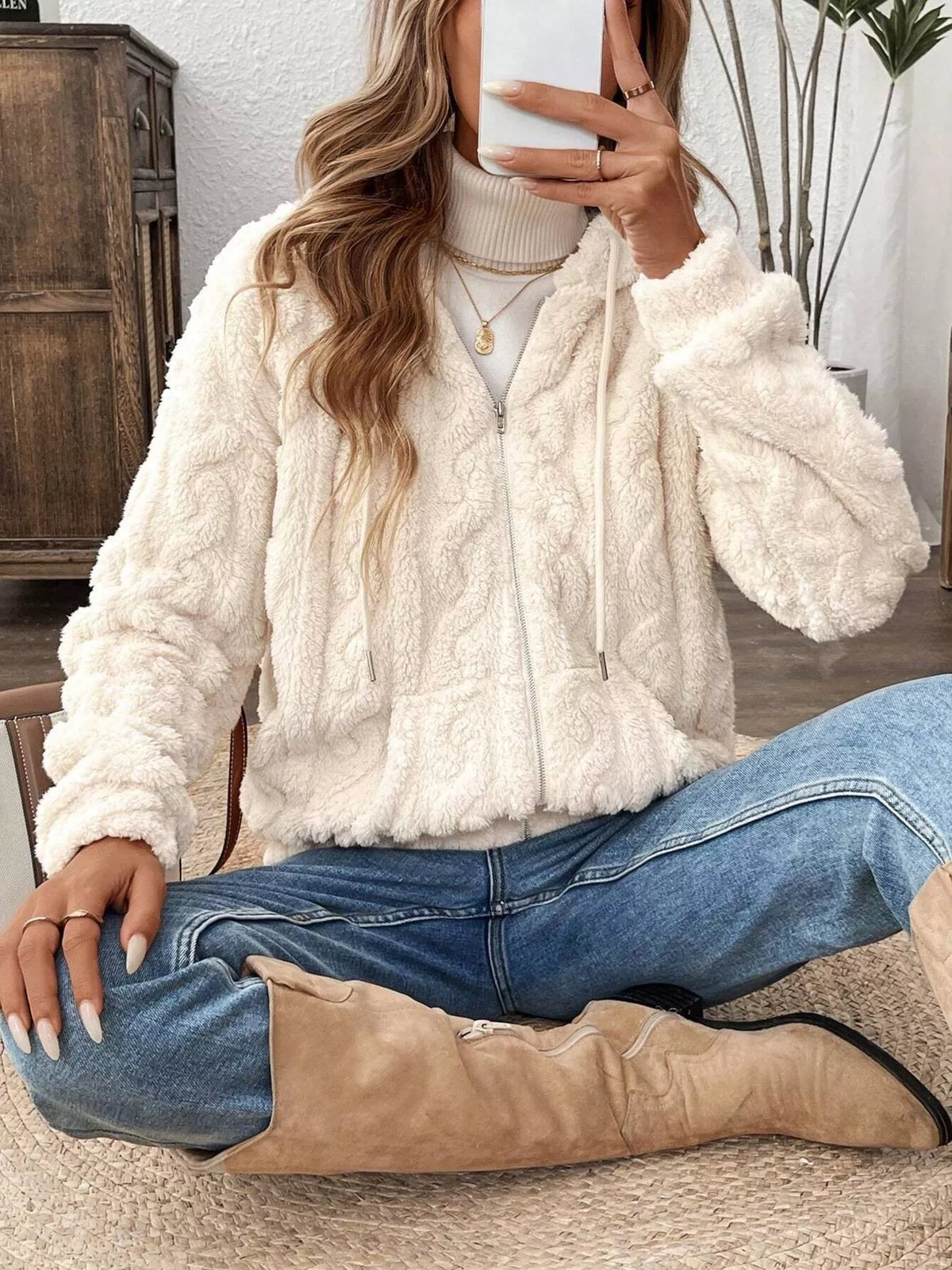 Ivory fleece zip-up hoodie with hood and drawstring, textured Sherpa-look jacket