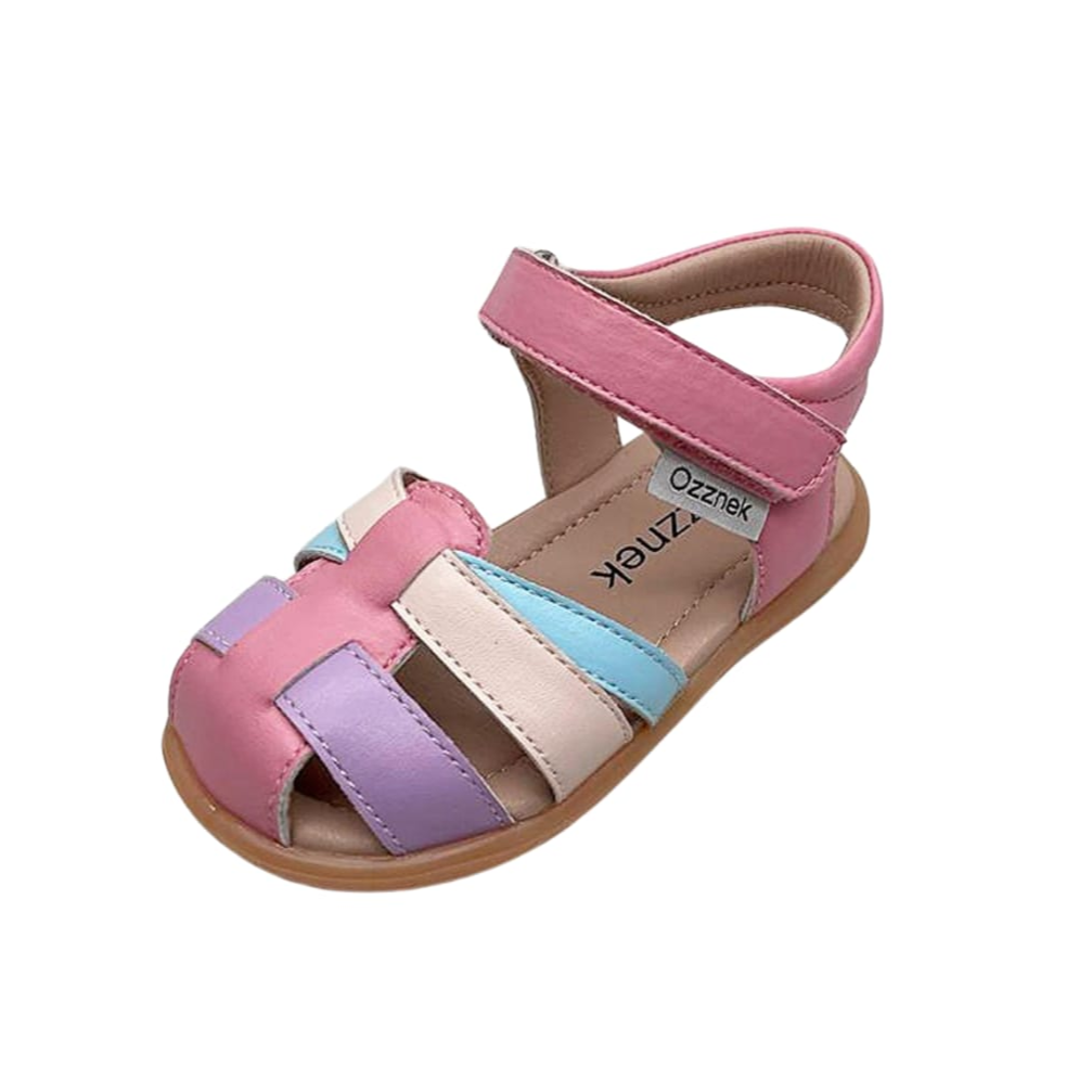 Single kids closed-toe sandal in pink with beige, lilac, and blue strap panels
