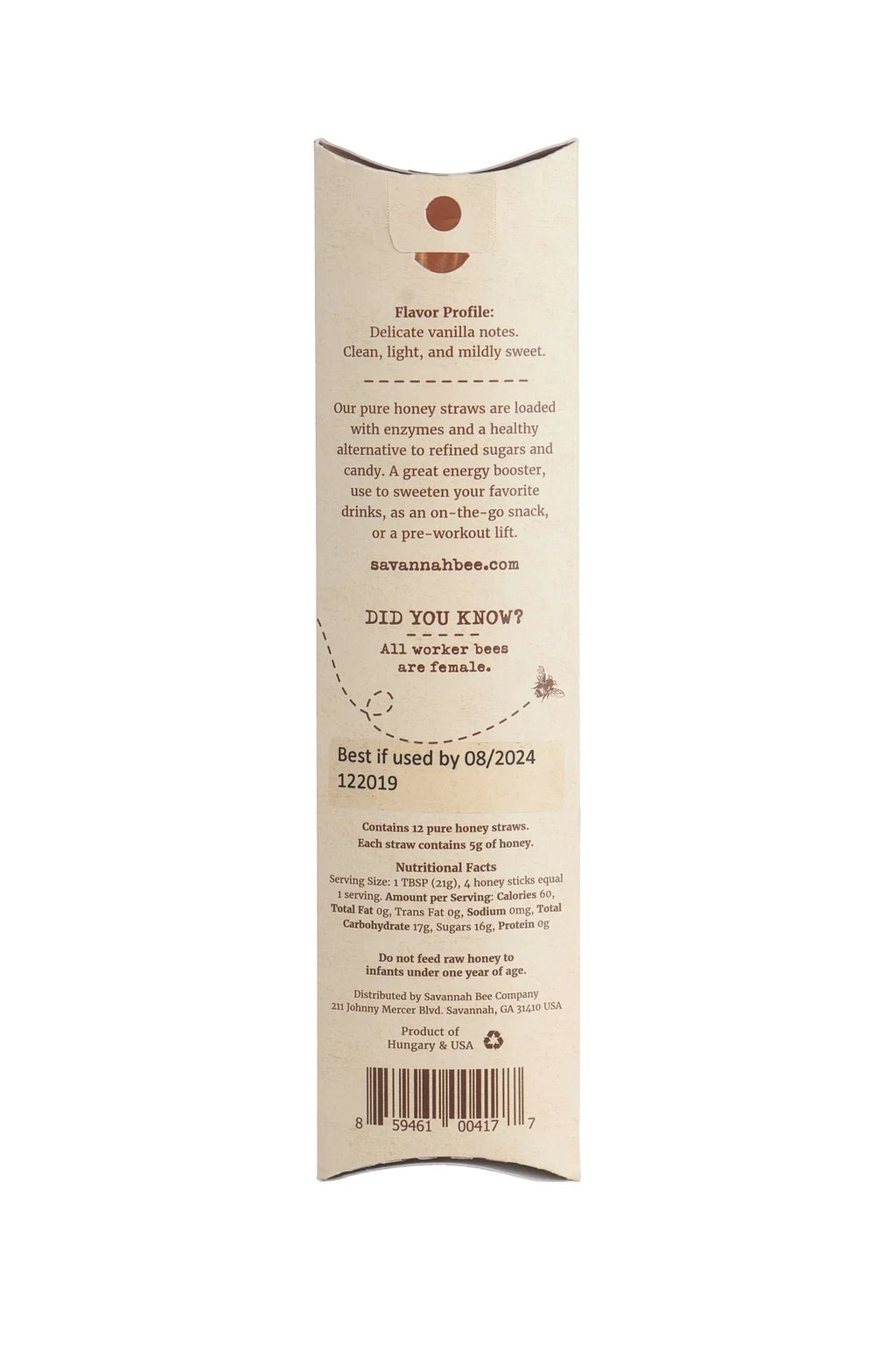 Honey straws back label with flavor profile and ingredient details