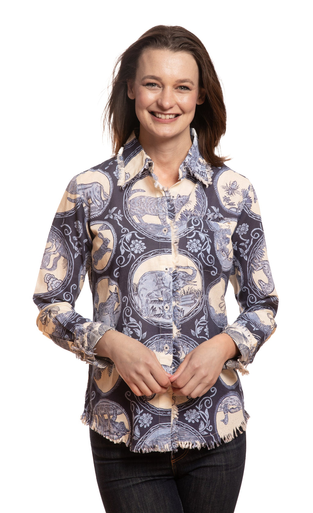Blue patterned tunic with point collar, button placket, and full-length sleeves