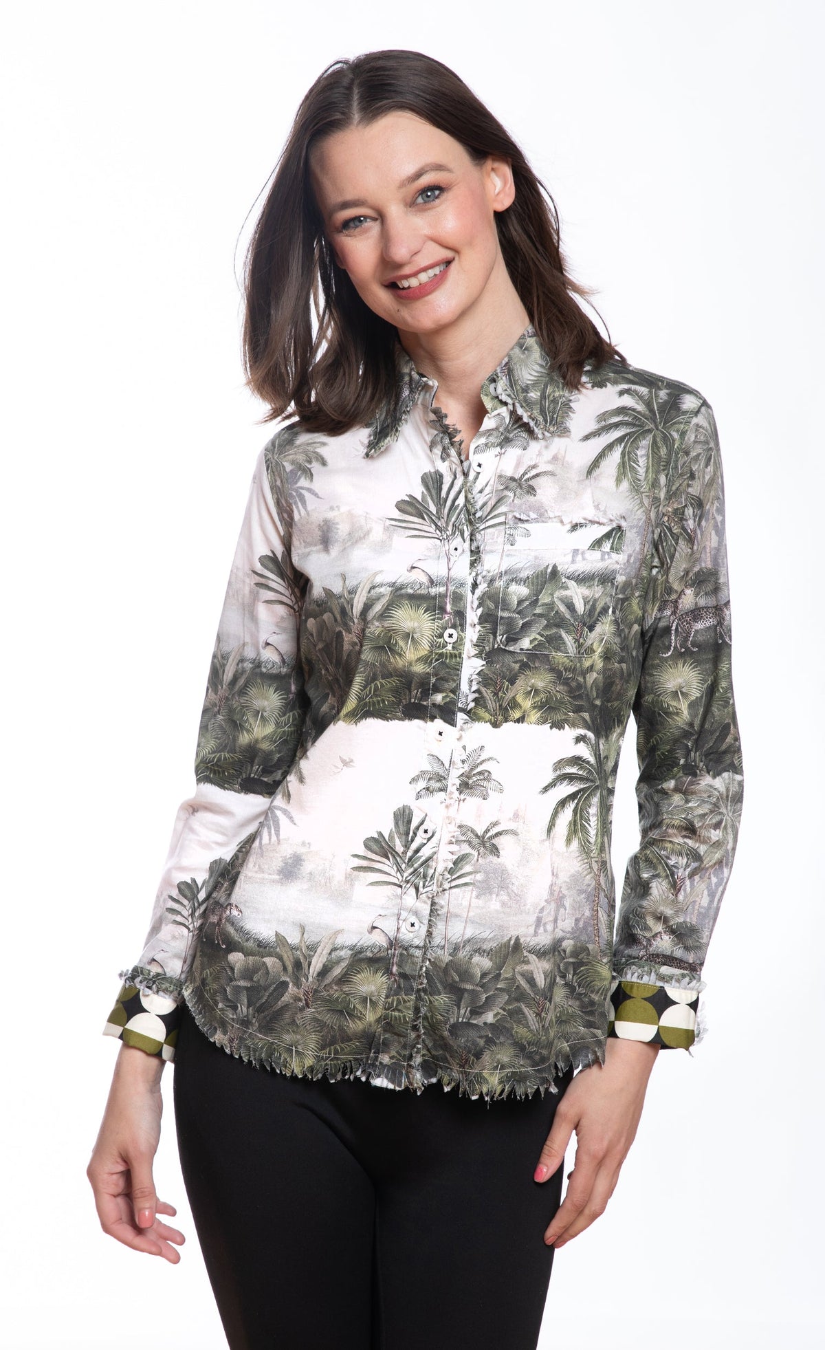 Safari toile print button-up top with long sleeves and ruffled hem, worn front