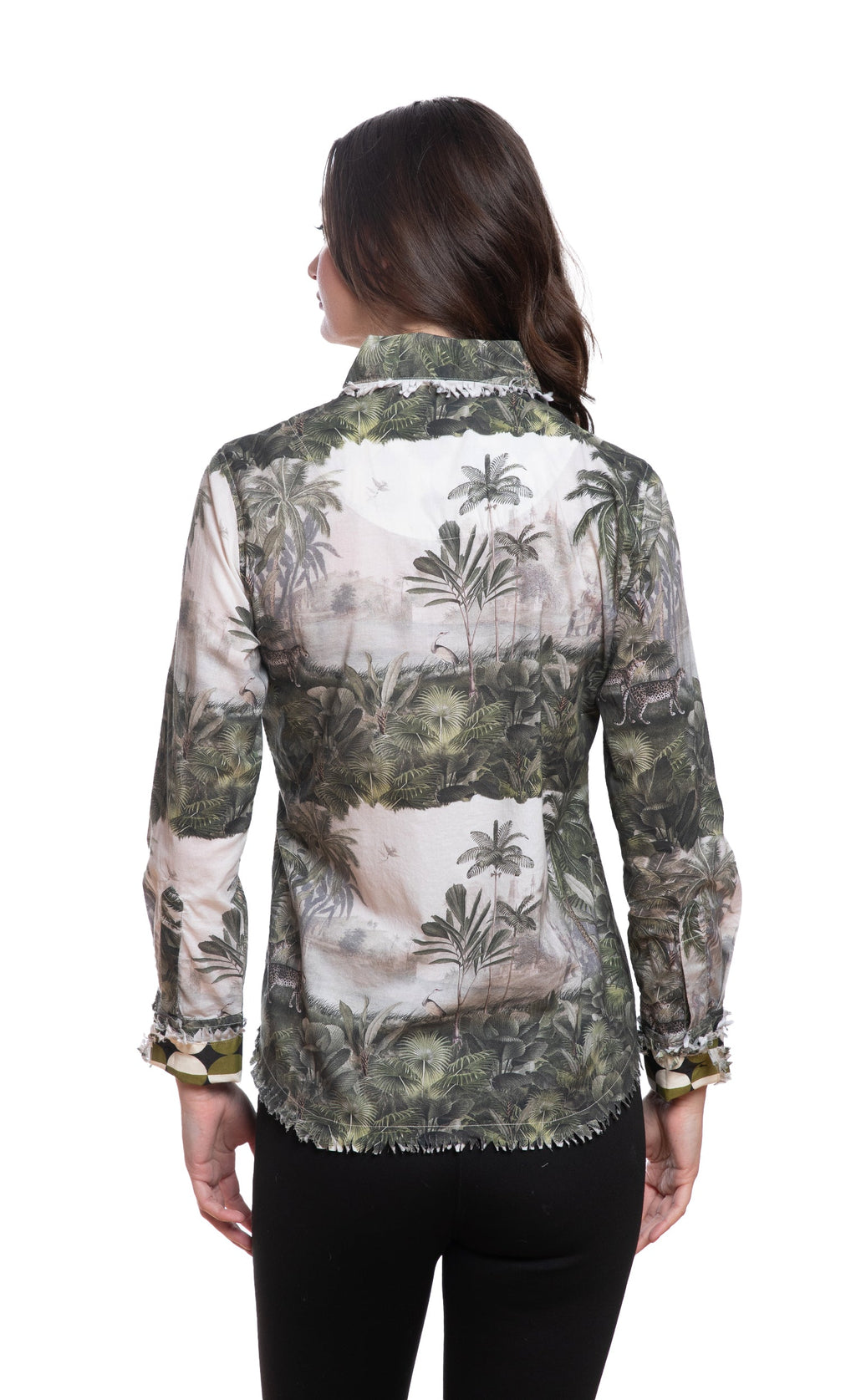 Back view of safari toile print button-up top with long sleeves and ruffled hem