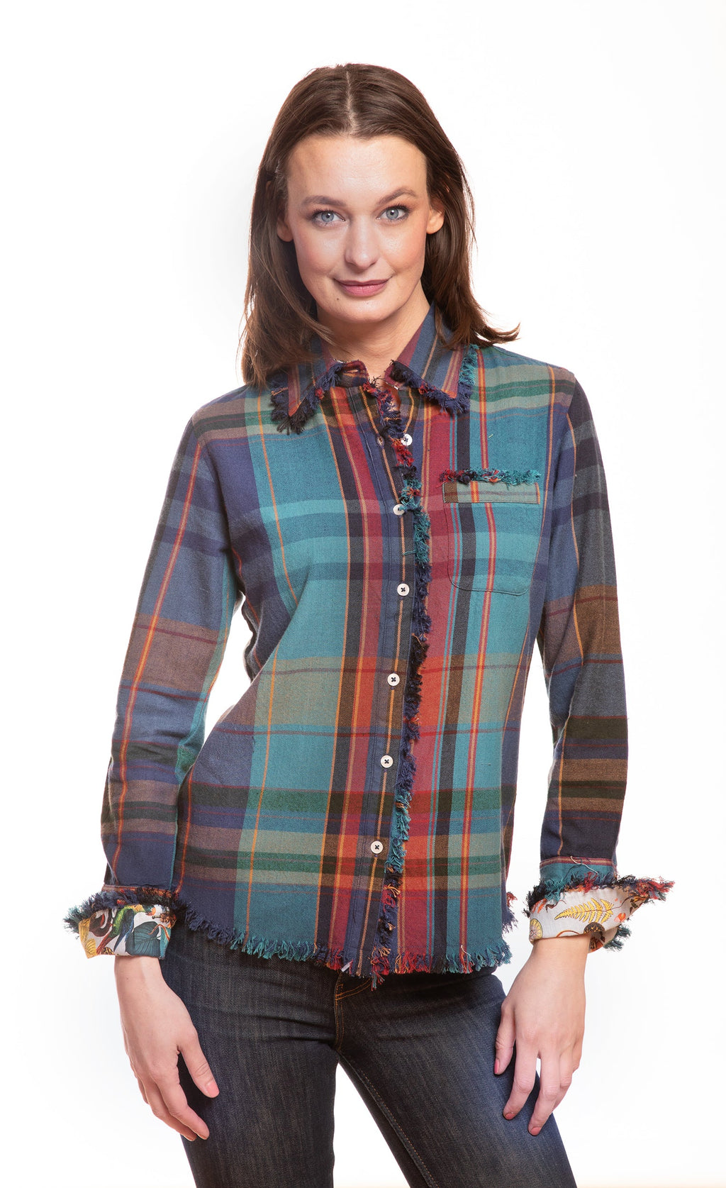 Women's long-sleeve plaid button top with ruffled neckline and frayed hem cuffs