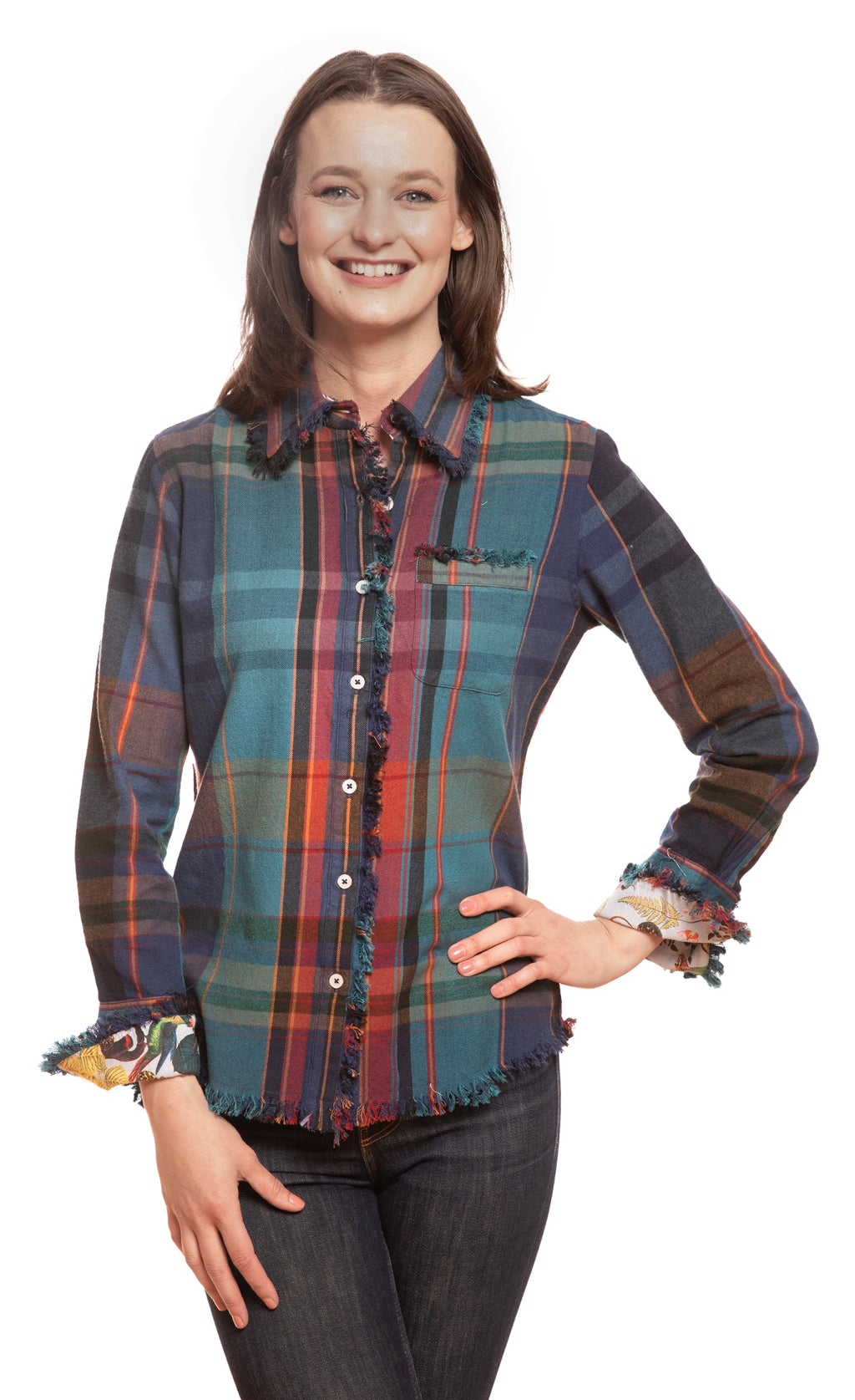 Women's plaid button-front top with ruffled collar, chest pocket, frayed cuffs