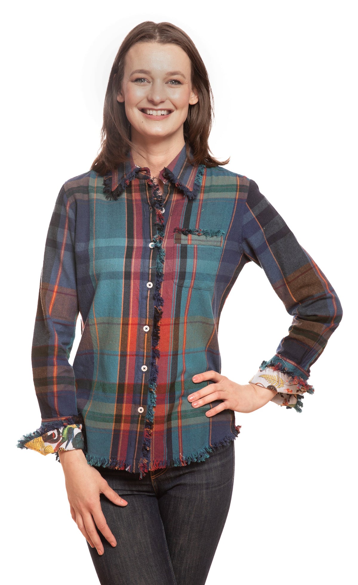 Women's plaid button-front top with ruffled collar, chest pocket, frayed cuffs