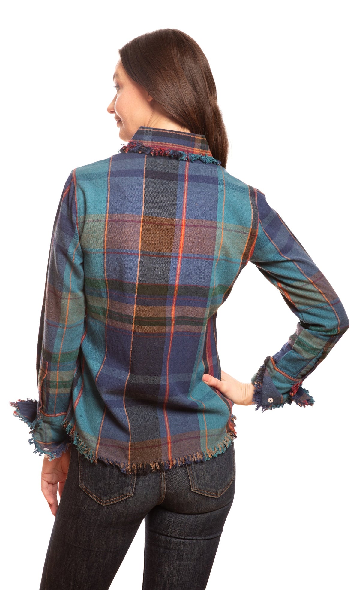 Women's plaid button top, back view, yoke detail and frayed cuffs
