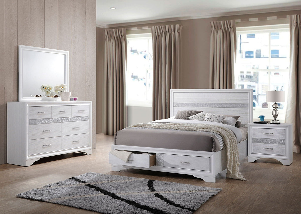 White queen bedroom set with bed, dresser, mirror, and matching nightstands
