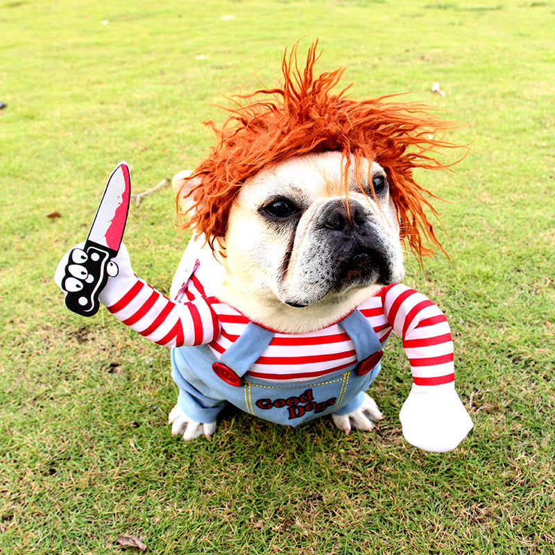 Pet dog Halloween costume with orange plush hood and red-striped sleeves over light blue overalls