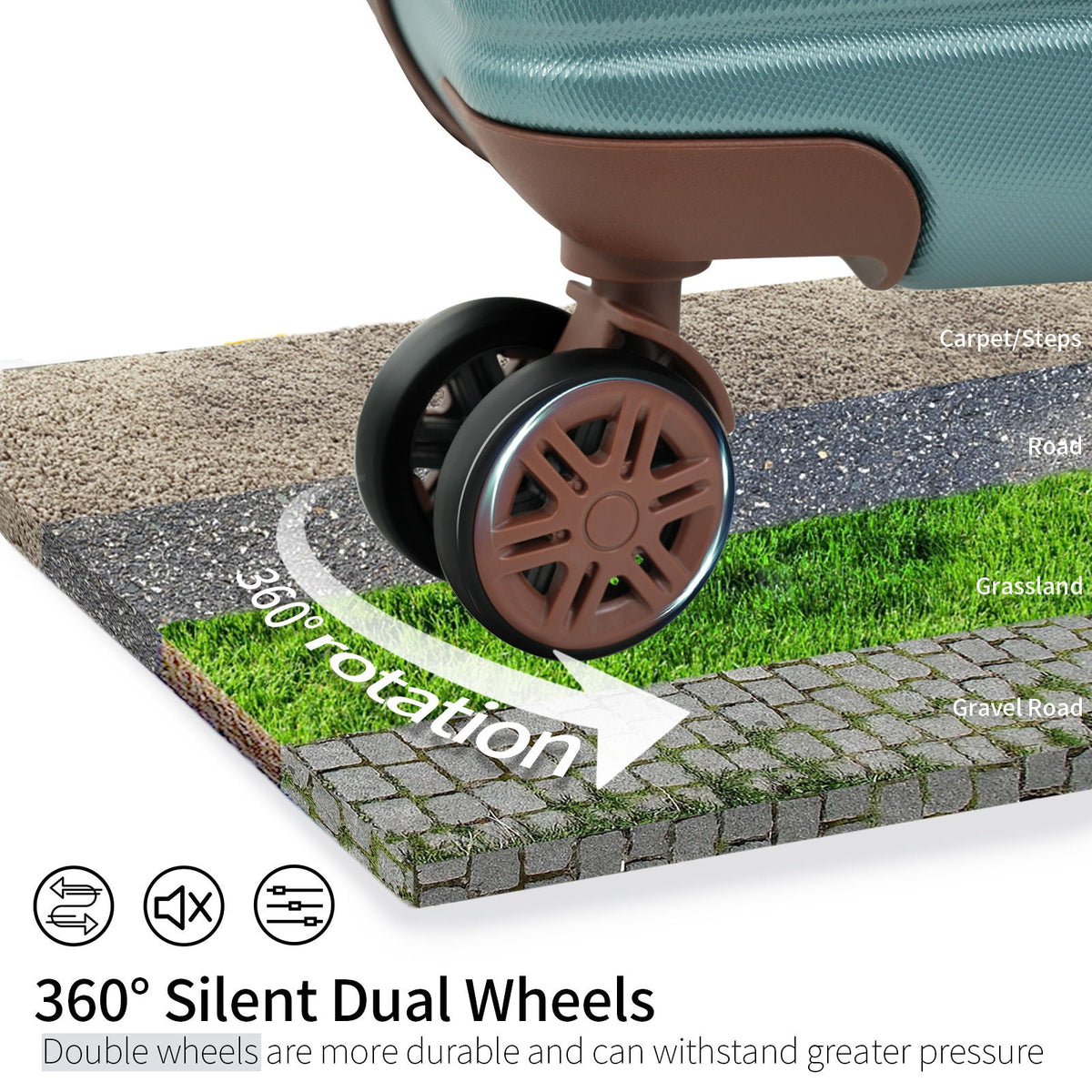 Hard-shell rolling suitcase caster wheel with brown spokes and dark outer rim