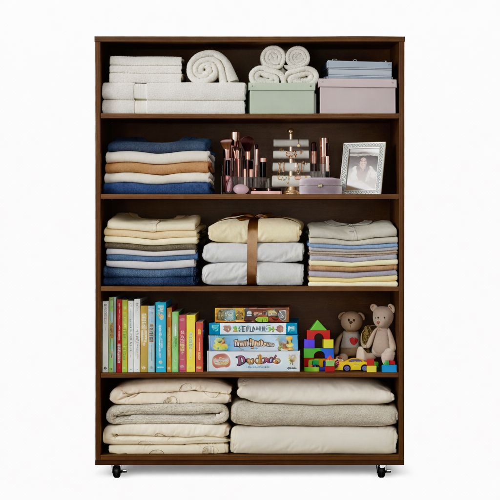 Open dark brown storage cabinet displaying shelves with clothes, books, toys, and linens