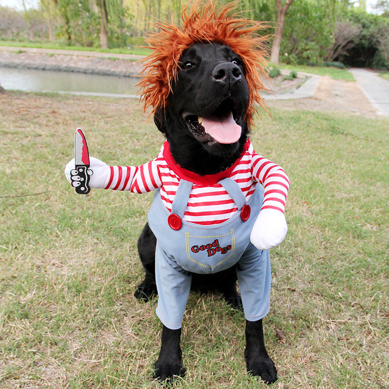 Pet dog Halloween costume on dark dog: orange plush hood, red-striped arms, light blue overalls
