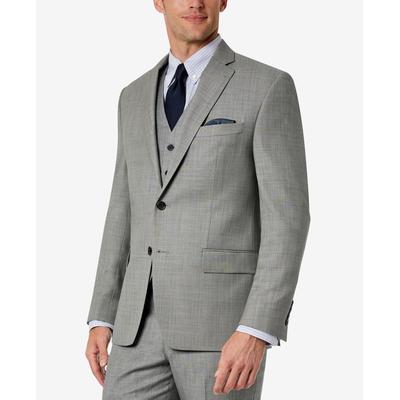 Men's grey wool stretch suit jacket, two-button single-breasted with flap pockets