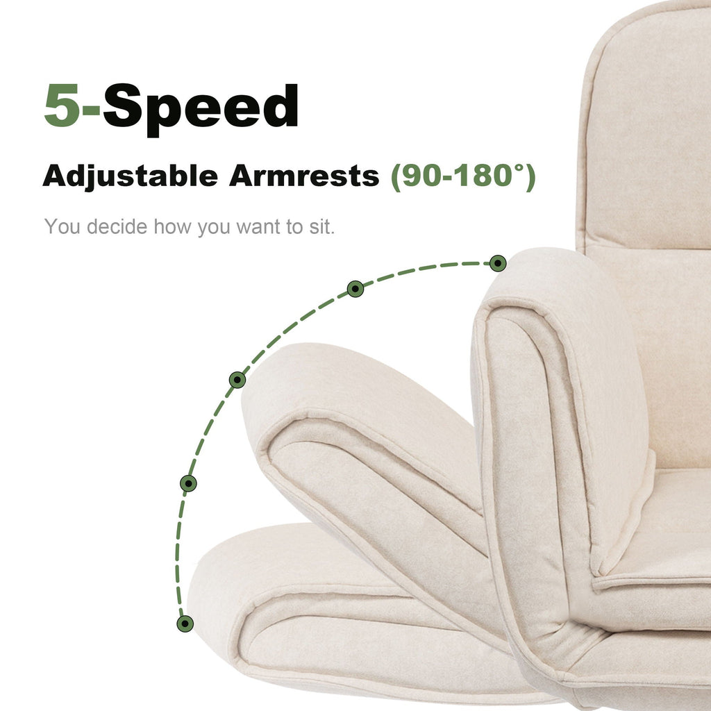 Beige chair armrest with adjustable pad design, showing curved side view