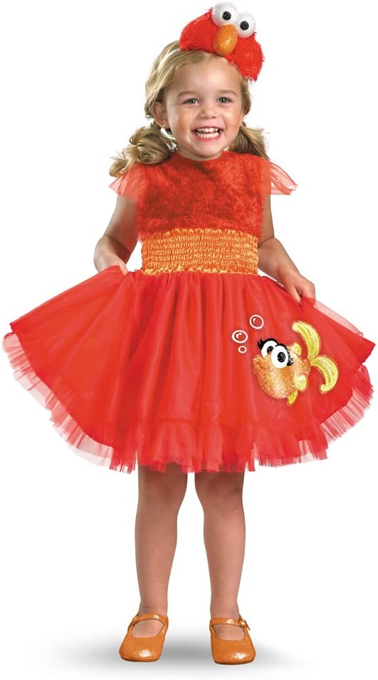 Red frilly Elmo-themed toddler dress costume with tulle skirt and character headpiece