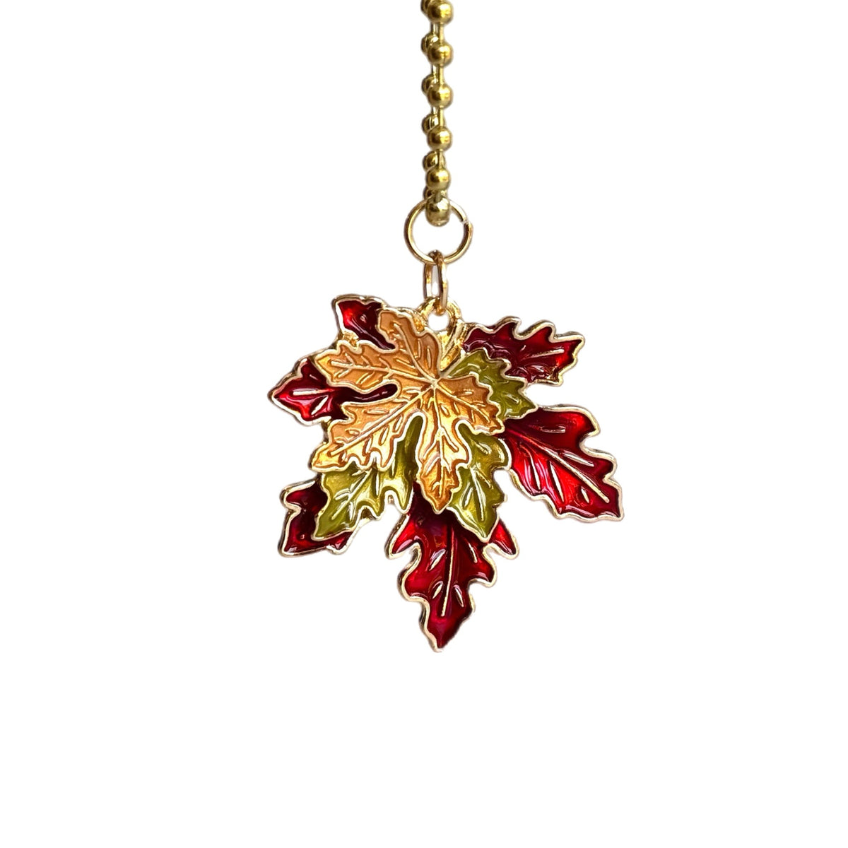 Fall leaf tumbler handle charm with multicolor red, orange, and green enamel on gold chain