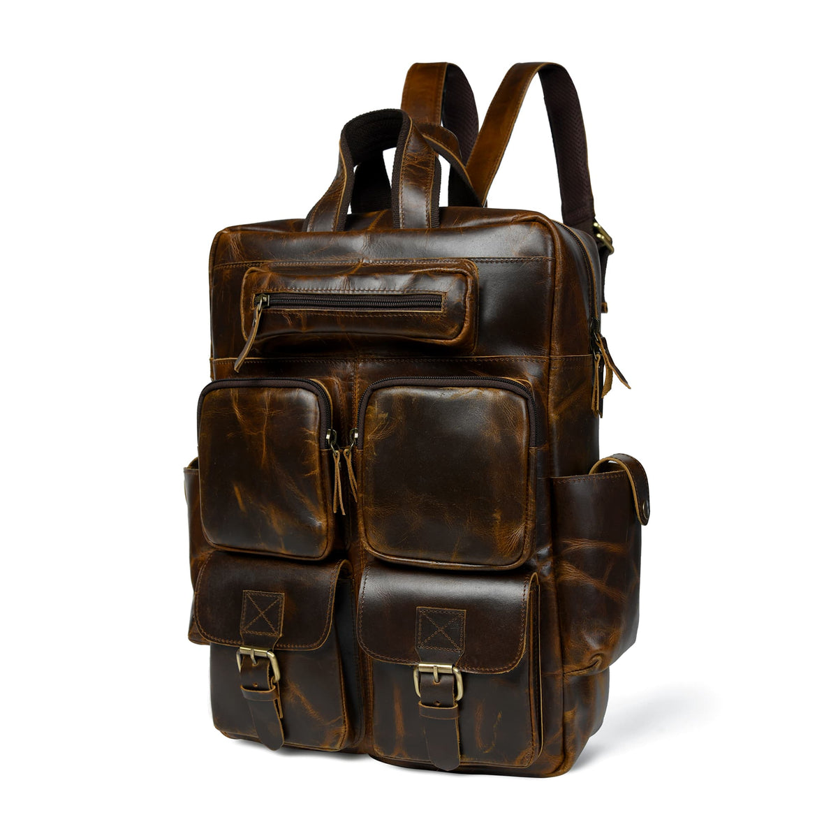 Brown leather multi-pocket backpack with front flap pockets and top carry handle