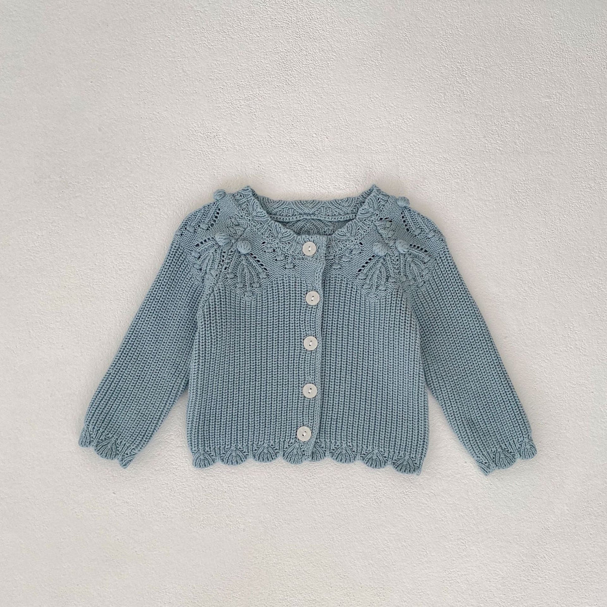 Blue knitted lace wool baby cardigan, button-front long sleeves