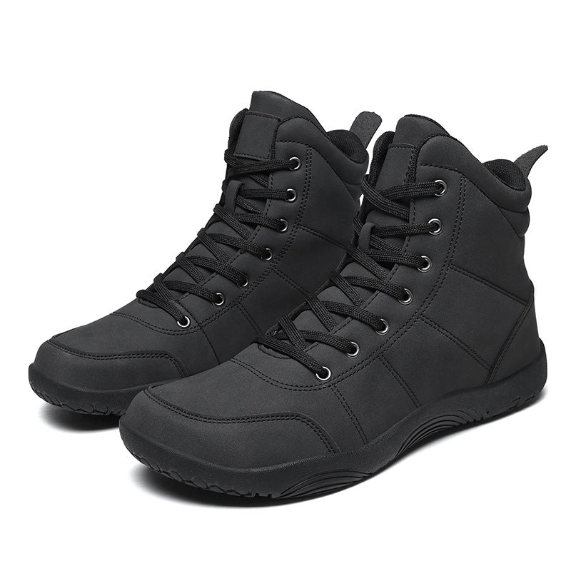 Men's black leather high-top hiking shoes with lace-up front and padded collar