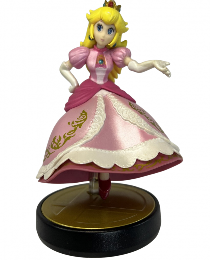 Peach amiibo figurine with pink gown, blond hair, and round base
