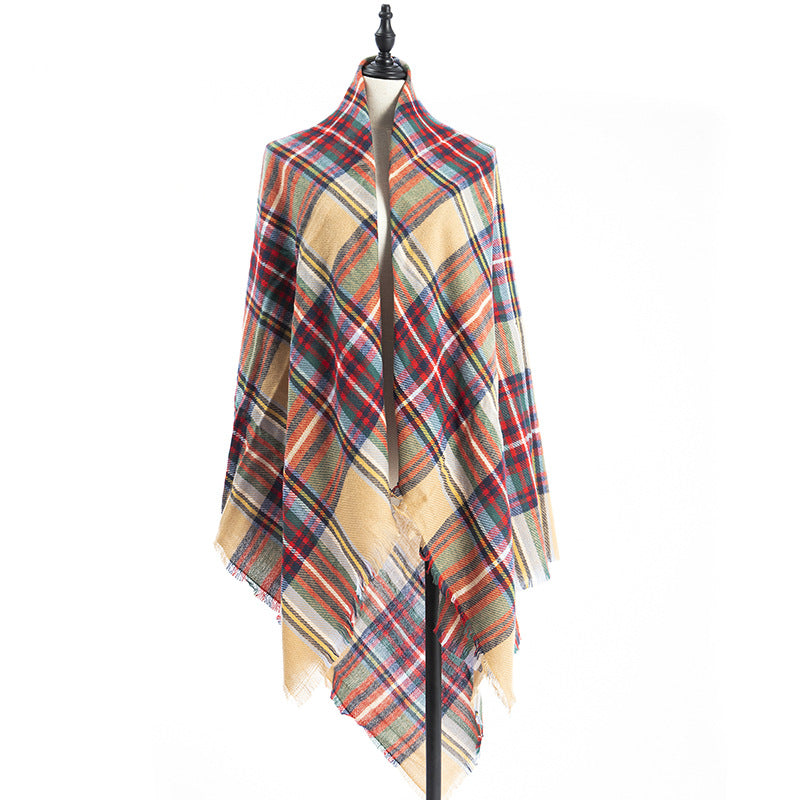 Multicolor plaid scarf shawl in orange, blue, and beige with fringe
