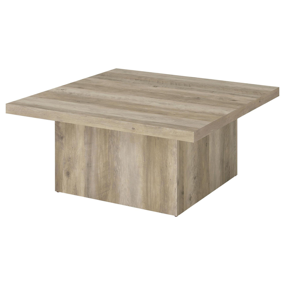 Distressed pine square coffee table with sturdy base and flat tabletop