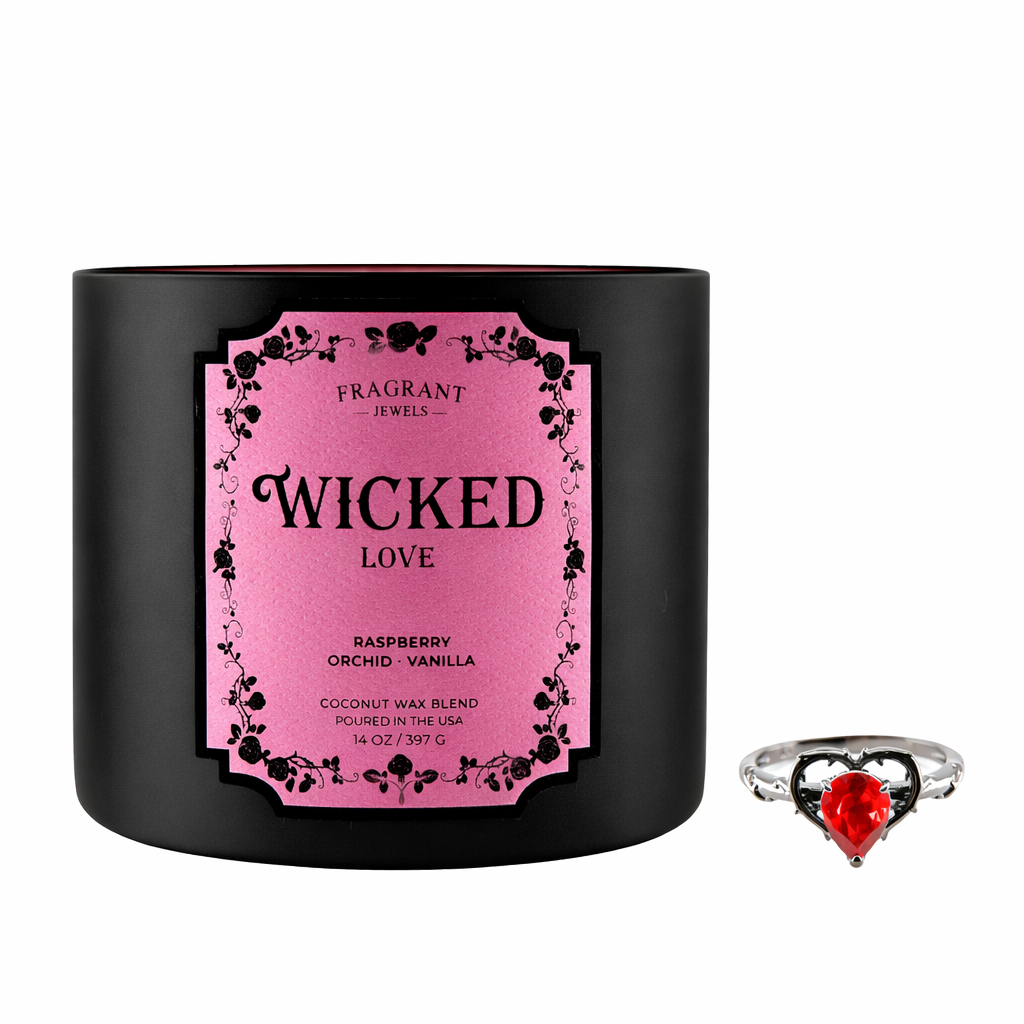 Black jewel candle jar with pink Wicked Love label and red heart-cut ring