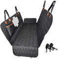 Black quilted pet car seat cushion set with three panels and orange-trim holding straps